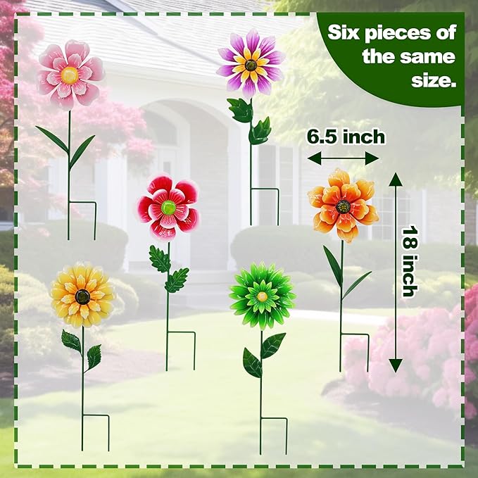 6 Pack Metal Flower Wind Spinners, Colorful Small Garden Stakes Yard Art, Decorative Floral Pinwheels Lawn Ornaments for Outdoor, Patio, Backyard, Flower Bed and Spring Decor (6 Vibrant Colors)