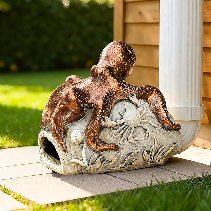 Teaeeno Octopus Downspout Extender Statue - Outdoor Garden Decor, Drain Pipe Cover with Crab & Coral Design - Durable Resin for US Lawns, Patios, and Yards (Red)