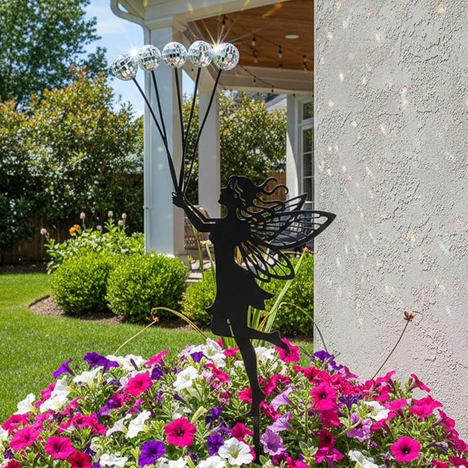 Solar Fairy Garden Stake - 5 Glowing Glass Crackle Orbs Metal Silhouette - Waterproof Outdoor Decorative Lights for Pathway, Yard, Patio - Unique Gardening Gifts for Women/Mom(Fairy)