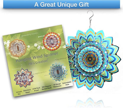 HS's Creation Wind Spinner Hanging Kinetic 19 Gauge 3D Metal with Swivel Hooks Sun Catcher for Outdoor Garden Decoration Handcrafted Art Gift Ornaments Sculpture Mandala Lucky Halo 12 Inch
