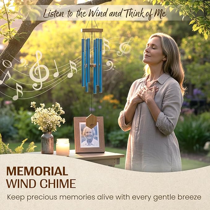 UpBlend Deep Tone Wind Chime – Outdoor Sympathy & Memorial Gift for The Loss of a Loved One, Memorial Wind Chimes, Thoughtful Sympathy Gift for Bereavement and Remembrance. 29" Blue