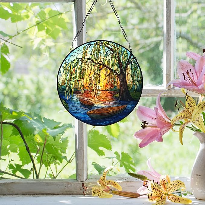 Weeping Sunset Lake Stained Glass Window Hanging, Gifts for Nature Lovers, Weeping Willow Tree Stained Glass Suncatcher Decor Birthday for Mom Men Woman Friend, 7.9x7.9inch