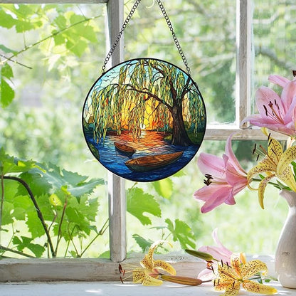 Weeping Sunset Lake Stained Glass Window Hanging, Gifts for Nature Lovers, Weeping Willow Tree Stained Glass Suncatcher Decor Birthday for Mom Men Woman Friend, 7.9x7.9inch