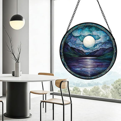 DASTOLL Stained Glass Window Hanging, Blue Night Moon Lake Sun Catchers Colorful Glass Panel Landscape Suncatcher Decor for Birthday for Women, Men, Wife, Aunt, and Mom 14.9x14.9 in