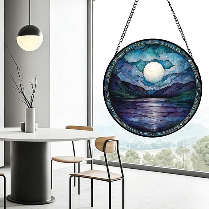 DASTOLL Stained Glass Window Hanging, Blue Night Moon Lake Sun Catchers Colorful Glass Panel Landscape Suncatcher Decor for Birthday for Women, Men, Wife, Aunt, and Mom 6.3 in