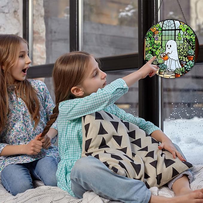 Ghost Garden Sun Catcher Stained Glass Window Hanging Plant Lovers Gifts for Women Wall Decor Handmade SunCatcher Decoration for Garden Home Plant Greenhouse Decor, 7.87inch