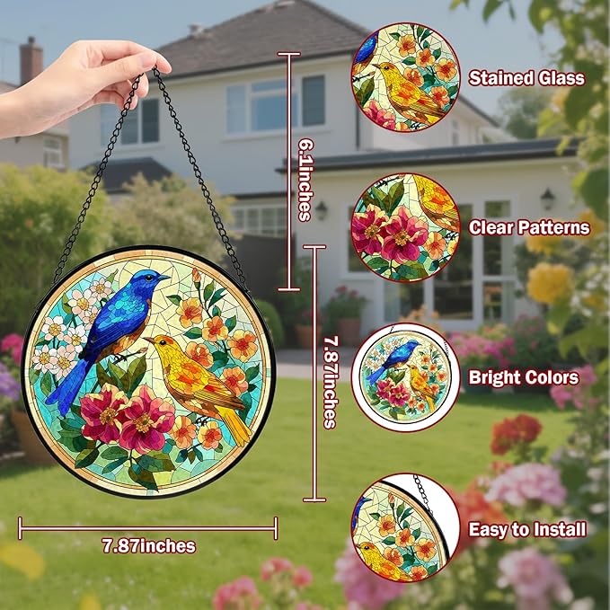 Hummingbird Stained Glass Window Hanging, Suncatcher Diamond Glass Panel Hangings, Sun Catchers Indoor Windows Wall Art, Gift for Mom Grandma Bird Lover, Christmas Decor for Home Office 7.87 inches