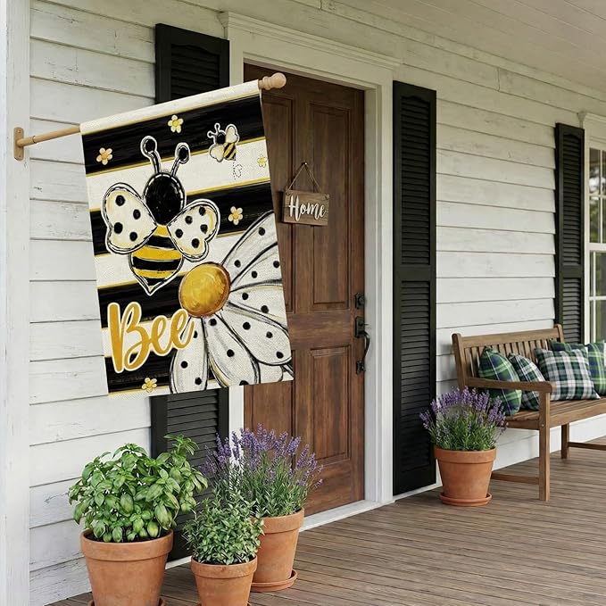 CROWNED BEAUTY Spring Summer House Flag Daisy Bee Double Sided 28x40 Inches Large Burlap Welcome Holiday Seasonal Yard Decoration for Outside Porch