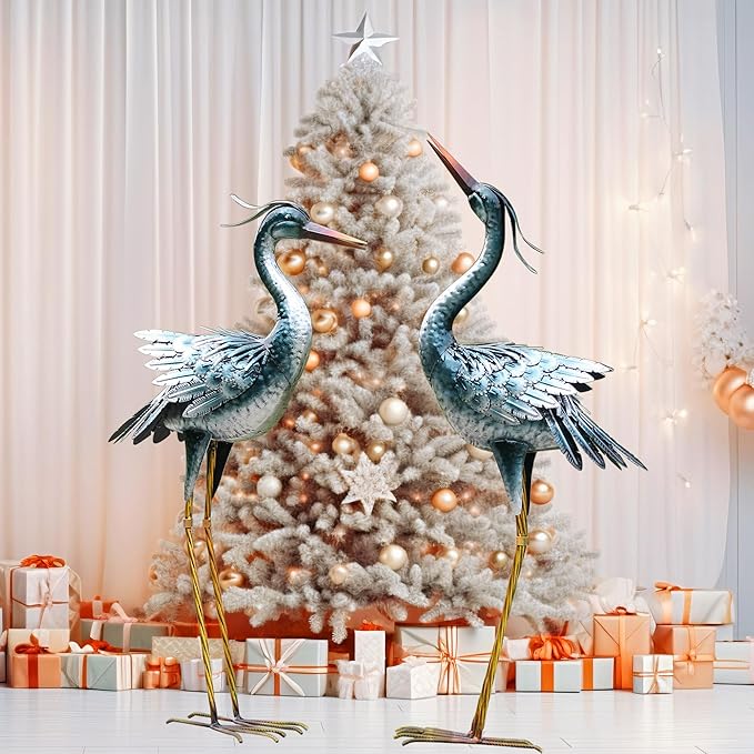 chisheen Large Garden Crane Statues Outdoor Sculptures, Metal Yard Art Heron Decor Standing for Indoor Outdoor Decor, Bird Statues for Patio Lawn Porch Decorations, Set of 2