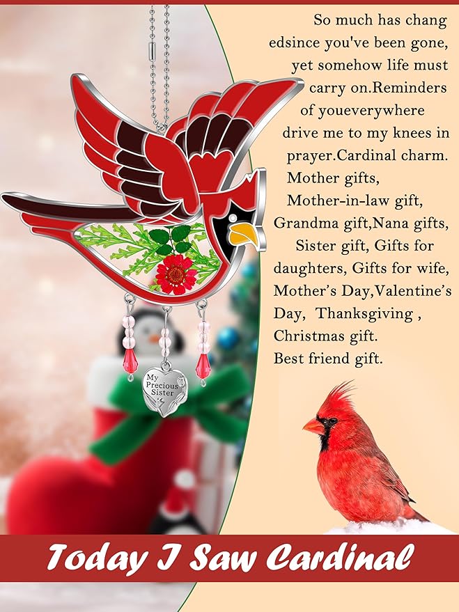 KY&BOSAM Cardinal Suncatcher My Precious Sister Hand-Painted Sun Catcher for Windows Hangings Wind Chime with Pressed Drived Flower Birthday Gifts for Sister Mothers Day Valentine's Thanksgiving Decor