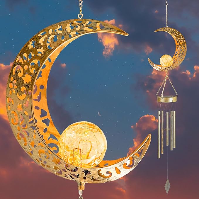 Moon Solar Wind Chimes for Outside Lights Gifts for Mom Wife Unique Crackle Glass LED Warm Light Outdoor Hanging Decor Windchimes for Garden Yard Patio Christmas Birthday Mothers Day