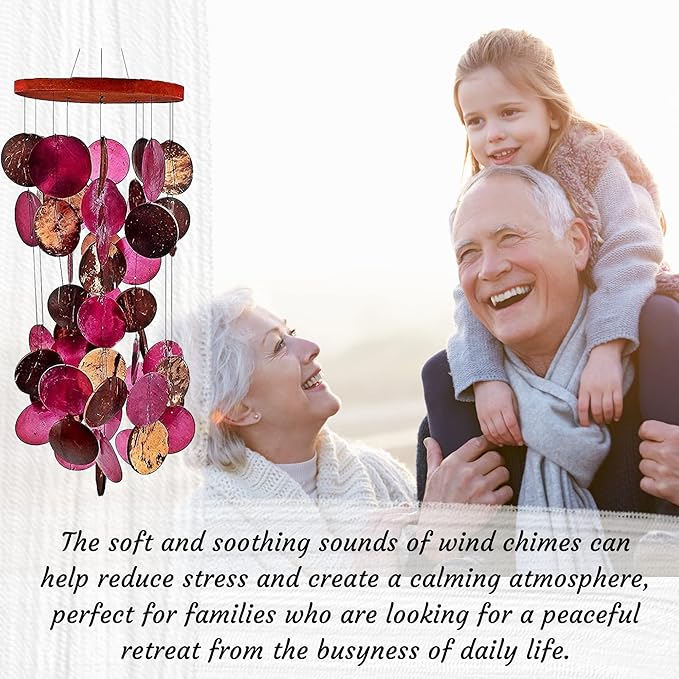 Bellaa Wind Chimes for Outside Capiz Sea Glass Shells 27 inch Outdoor Windchimes Home Garden Patio Yard Lawn Unique Gifts Mom Grandma (Y Pink Round)