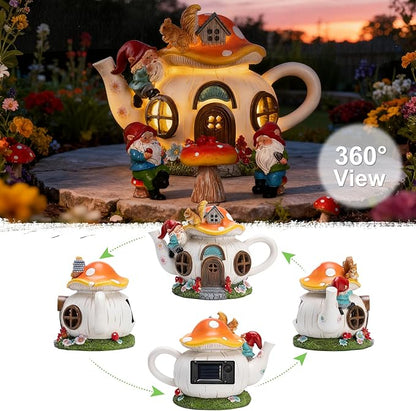 twinbling Solar Fairy Garden House Lights - Mushroom Teapot Gnome House Statue Set with 2 Mini Gnomes and 1 Mushroom Figurines, Outdoor Garden Decor, Gift for Gardeners and Moms (Set)