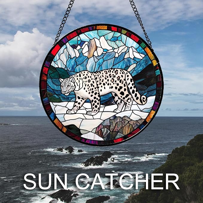 CHATYOUNG Stained Glass Window Hanging Mountain Snow Leopard Large 15" - Fine Retro Suncatcher Door Garden Sunroom Sun Catcher Home Decor Father's Day Birthday Christmas for Mom Woman Men Father