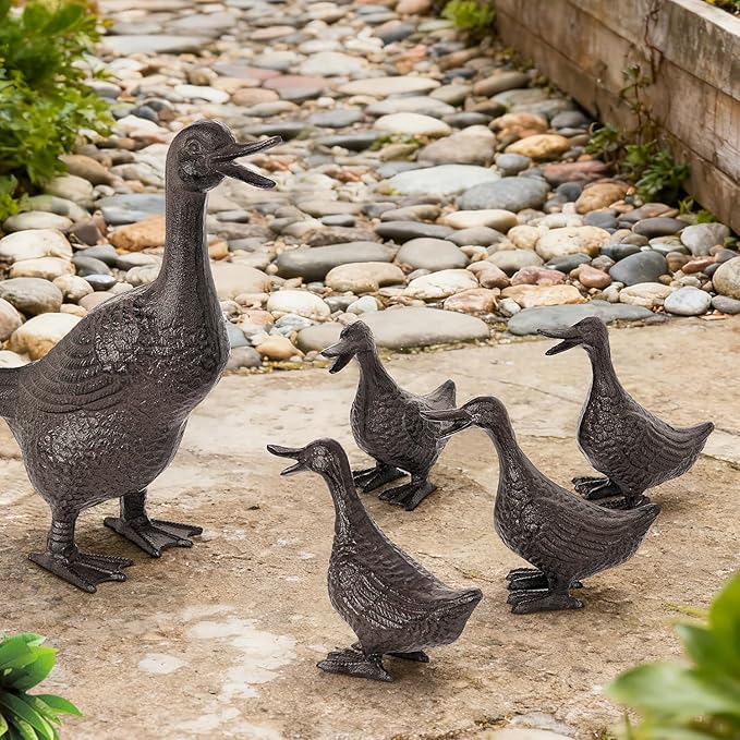 Sungmor Vintage Cast Iron Duck Garden Statue - 6.7" Tall Heavy Duty Outdoor Duckling Figurine, Rustic Animal Sculpture for Lawn, Patio, Yard - Antique Brown Finish, Farmhouse Home Decoration