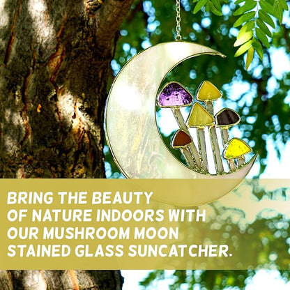 Sensory4U Stained Glass Mushroom Moon Suncatcher – 5.5" Hanging Window Decor – Earth Tone Crescent Moon with Mushrooms – Garden Ornament or Home Wall Art for Natural Light Reflection
