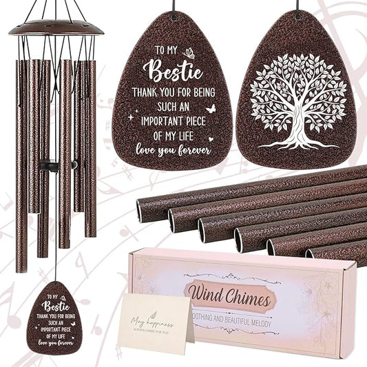 Bestie Gifts for Women - Metal Tree of Life Windchimes with Greeting Card Indoor Outdoor Garden Yard Patio Home Hanging Decor Graduation Birthday Friendship for Friends