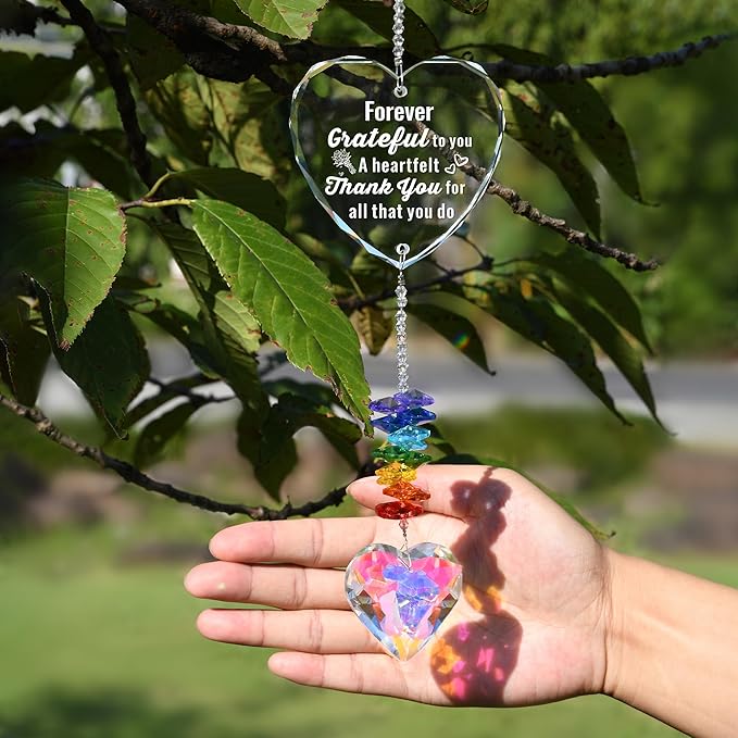 Crystal Heart Suncatcher with Engraved Thank You Message, Window Hanging Crystal Prism Sun Catcher Rainbow Maker, Appreciation Gratitude Gifts for Women Men Teacher Nurse Coworker