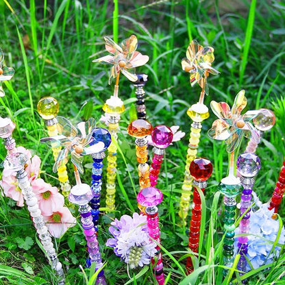 101 PCS Beaded Garden Stakes Kit, DIY Fairy Wand Garden Stake Beads Kits with Orange Large Hole Beads 4 Crystal Stopper Top Threaded Rods and 2 Colored Small Windmills for Outdoor Indoor Decor