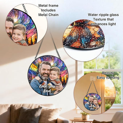Personalized Stained Glass Windows Hanging, Dad Picture Suncatcher Ornament, Custom Photo Gift, Birthday Father Grandpa Gifts