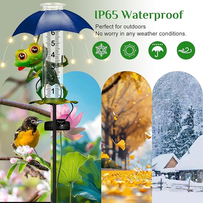 Rain Gauge Outdoor, Frog Rain Gauges with LED Solar Lights Yard Decoration, Metal Yard Art Garden Statues Frog Gifts for Women, Funny Rain Gauge Outdoor Decorative for Patio Garden Decor