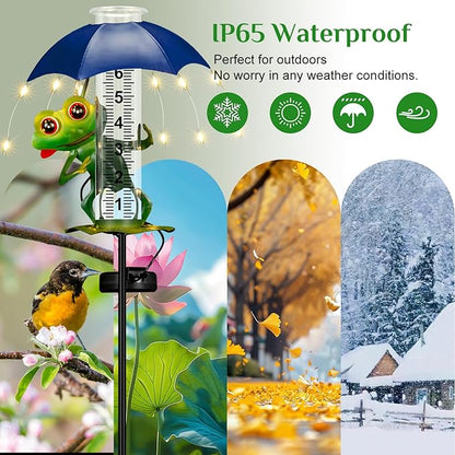 Rain Gauge Outdoor, Frog Rain Gauges with LED Solar Lights Yard Decoration, Metal Yard Art Garden Statues Frog Gifts for Women, Funny Rain Gauge Outdoor Decorative for Patio Garden Decor