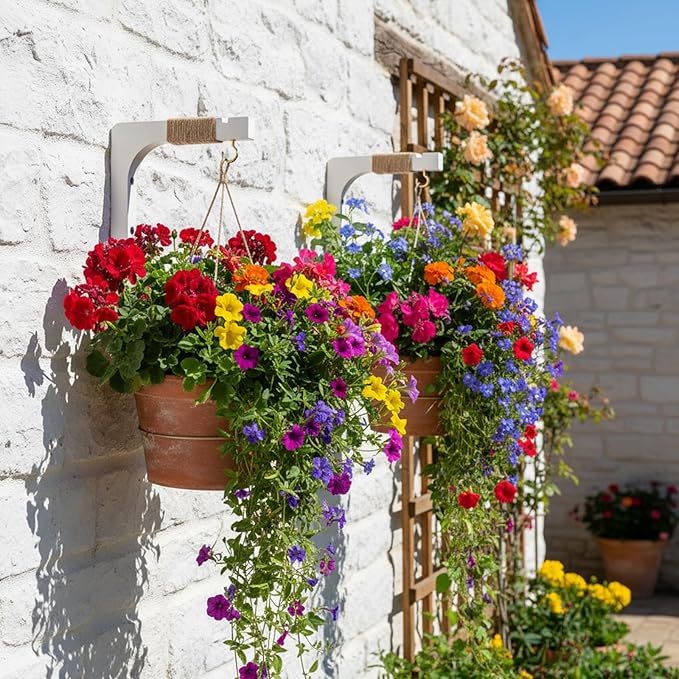 4 Pack Wooden Plant Hangers Hanging Wall Plant Hooks Farmhouse Wooden Hanging Basket Wall Hooks for Lanterns, Flower Bracket, Wind Chimes, Lamp, Bird Feeders, Patio Decor, White, 6 inch