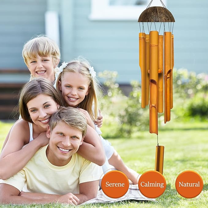 Bamboo Wind Chimes 38" 6 Pipes, Handcrafted Wooden Wind Chime Bring a Unique and Soothing Melody, Wind Chimes for Outdoor and Indoor Decor, for Sympathy, Memorial