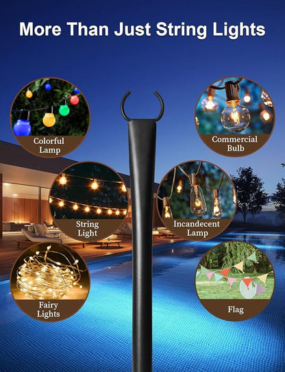 2 Pack String Light Poles for Deck, 5Ft Heavy-Duty Metal Deck Light Poles for Outside with Fixing Clips, Lighting Hanging Post Accessories for Patio Decor Garden Backyard Yard Fence Porch Decorations