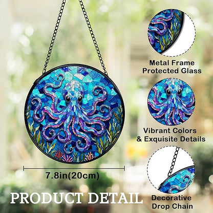 Ocean Beach Octopus Suncatchers Stained Glass Window Hanging, Octopus Decor Sun Catchers Indoor Window Glass Round Wall Decor, Coastal Beachy Wall Hanging Decorations, 7.9x7.9in
