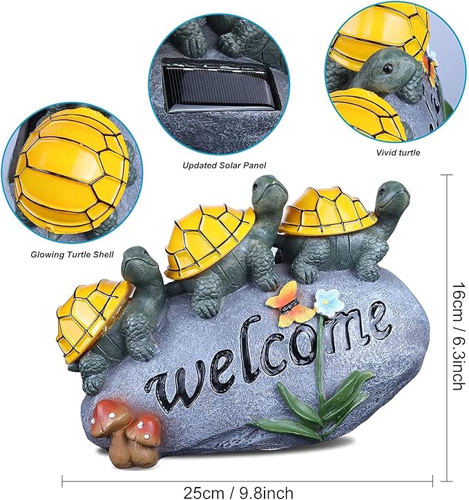 shumi Solar Garden Statue Turtle Outdoor Lights -Welcome Turtles on a Rock Solar Powered LED Outdoor Garden Ornaments，for Indoor Outdoor Yard Statue Decoration，Thanksgiving Christmas 1 Pack