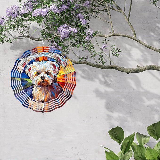 Maltese Dog Wind Spinner Pet Dog Memorial Gifts, Vibrant 3D Kinetic Aluminum Metal Yard Art, Loss of Dogs Sympathy Gifts, Hanging Outdoor Garden Decor, 8" Wind Sculptures for Patio, Porch (Maltese6)