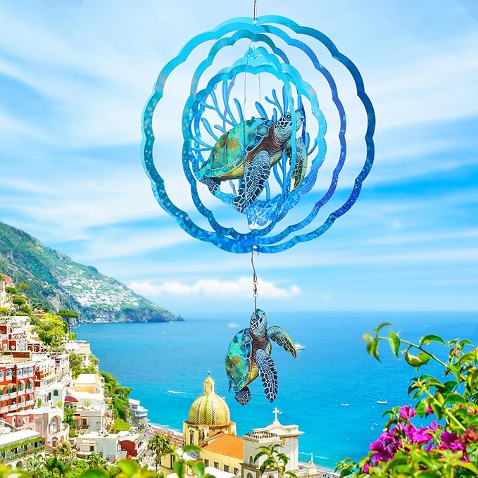 Sea Turtle Wind Spinners Outdoor Clearance - 12 Inches Hanging Stainless Steel Wind Sculpture Patio Lawn Yard Balcony Art Outside Aesthetic Decorations Cute Animal Wind Chime Creative