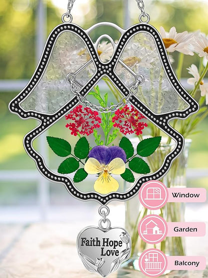 KY&BOSAM Angel Suncatcher Faith Hope Love Stained Glass Panels Suncatchers for Windows Hangings Wind Chime with Pressed Flower Glass and Metal Heart Charm Birthday Gifts for Mom Mothers Day Christmas