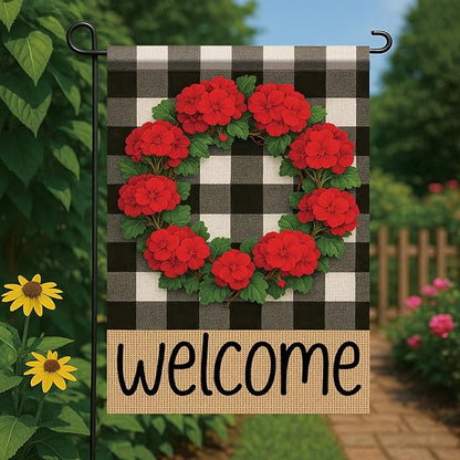 Buffalo Plaid Welcome Wreath Garden Flag Red Geranium Flower Flag 12x 18 Inch Double Sided Spring Outdoor Fall Autumn Farmhouse Outdoor Small Decor for Porch Lawn Patio Yard
