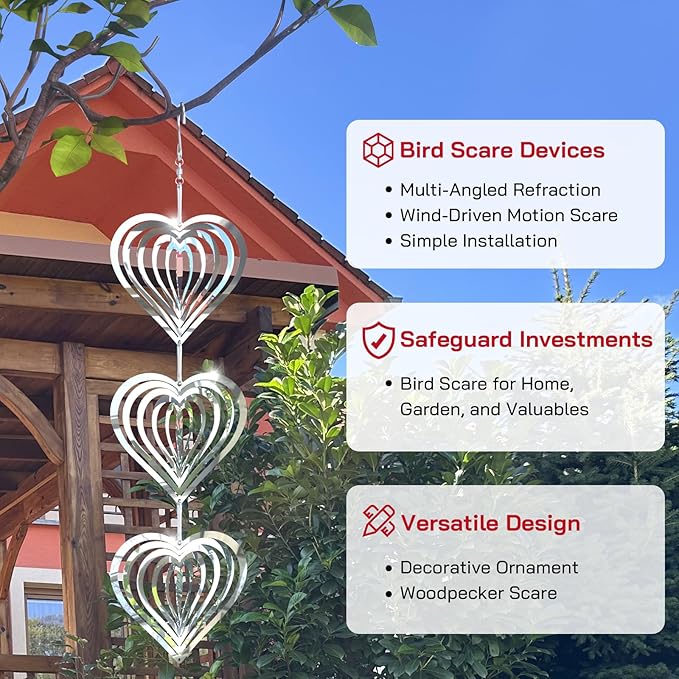 Factee Bird Deterrents for Outside, Reflective 3D Stainless Steel Wind Spinners, Garden Decor, Bird Scare Devices to Keep Woodpeckers, Pigeons Away from Your House, Patio, Orchards