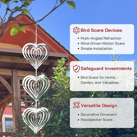 Factee Bird Deterrents for Outside, Reflective 3D Stainless Steel Wind Spinners, Garden Decor, Bird Scare Devices to Keep Woodpeckers, Pigeons Away from Your House, Patio, Orchards