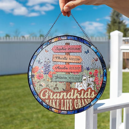 NAZENTI Custom Stained Glass Window Hanging Suncatcher with Kids Name, Gifts for Gigi, Mother's Day, Grandma Flower Garden Grandkids Names Sign Personalized, Grandma Gifts from Grandkids