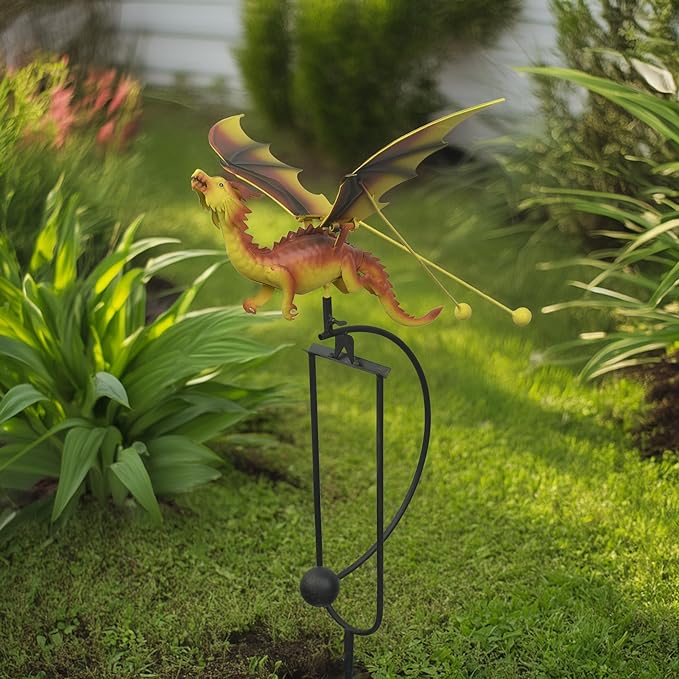 Red Carpet Studios Outdoor Sculpture - Balancing Kinetic Garden Stake Rocker, 50.25" Tall, Yellow Dragon
