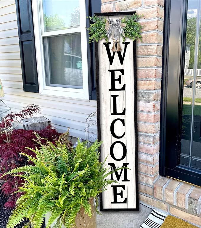 flowtorely Outdoor Welcome Sign for Front Porch Standing 45"×9" Tall Wood Frame Vertical Leaner farmhouse Outside Rustic Large Welcome Sign for Front Door Home Decorations (Black)