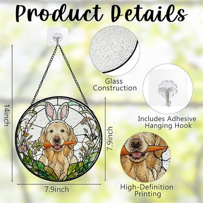 Easter Carrot Golden Retriever Stained Glass Window Hanging, Spring Flower Bunny Ear Dog Suncatcher Indoor Window Glass Round Wall Art Decor, 7.9x7.9 Inch