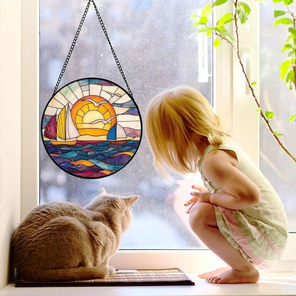 DASTOLL Stained Glass Window Hanging, Sailboat and Waves Suncatcher Diamond Glass Panel Hangings Sun Catchers Decor for Birthday for Women, Men, Wife, Aunt, and Mom 6.3 in