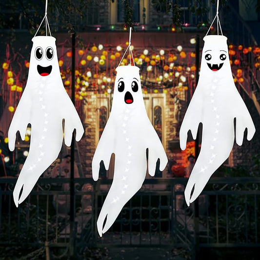 3PCS White Halloween Cute Ghost Windsocks Hanging Decorations - 43 Inch Flag Wind Socks for Home Yard Outdoor Decor Party Supplies (Batteries Not Included,No Timer)