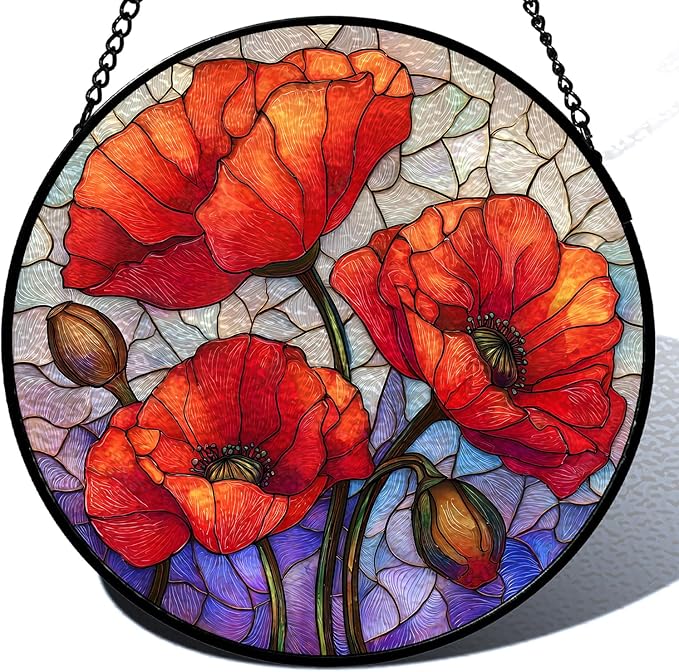 Stained Glass Sun Catcher Window Hanging - Red Poppy Floral Design, Indoor Decor Gifts for Mother's Day, Birthday, Christmas - Perfect for Women, Men, Mom Home Window Decor (Red) 7.8in