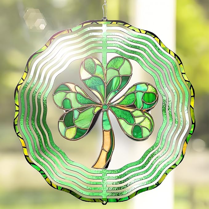St. Patricks Day Wind Spinner-Outdoor Hanging Decorations Green Clover Shamrock Wind Spinners for Yard and Garden Stainless Steel Windspinners for Outside Hanging Ornament Gifts for Friends Neighbors