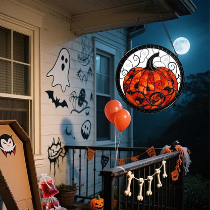 Stained Glass Window Hanging - Halloween Red White Scary Pumpkin Suncatcher for Doors Garden Home Spooky Rattan Sun Catchers Gothic Decor Horror Gifts for Women Men Friend Boy Girl 15 in