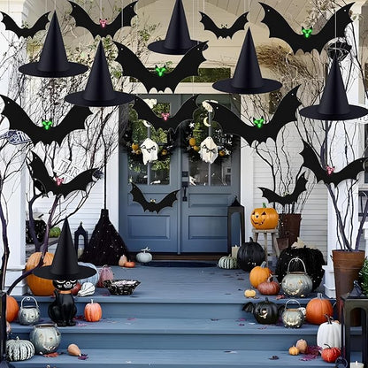 Halloween Hanging Bats 12 Pieces 3D Realistic Scary Bats and 6 Witch Hats Costume Accessories Party Decorations for Yard Sign Outdoor Indoor Lawn Decor