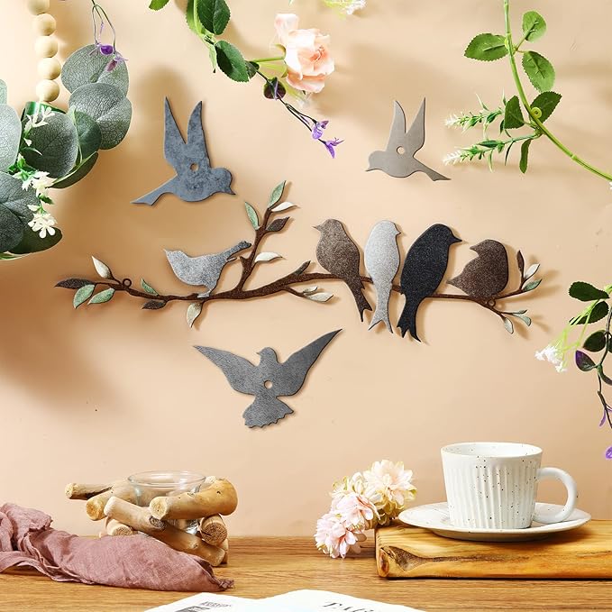Ferraycle Metal Bird Wall Art Birds on the Branch Decor Metal Sculpture Silhouette Ornament Branch Wall Hanging Sign for Balcony Garden Home Decor(Dark Colors)
