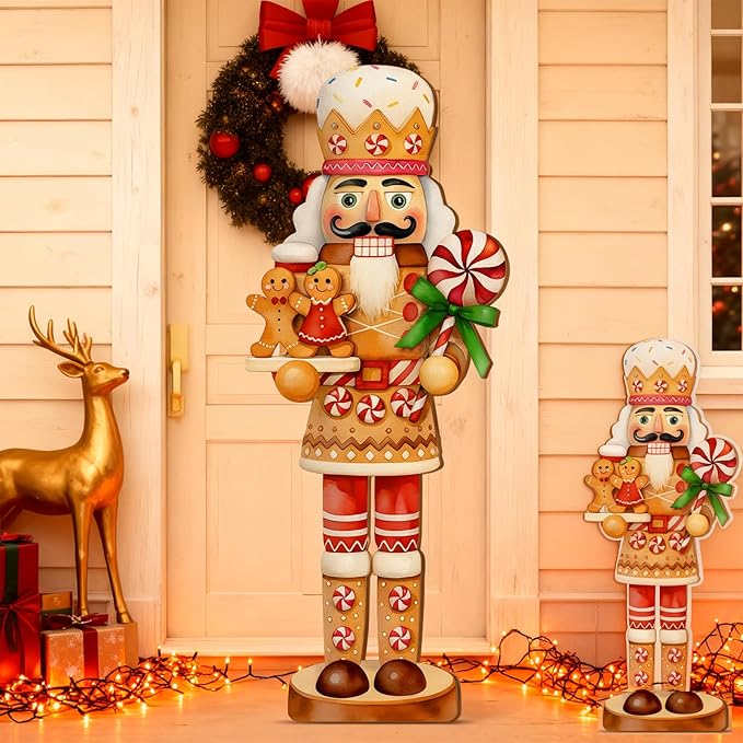 Winter Snowman Porch Sign Wooden Porch Decor Winter Christmas Nutcracker Snowman Front Door Welcome Standing Sign for Xmas Farmhouse Outdoor Yard Wall Hanging Decorations(40 Inch,Nutcracker)