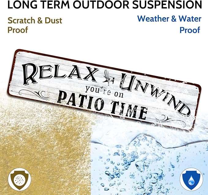 Patio Wall Decor Backyard Patio Signs And Decor Outdoor 4" by 16" Tin Sign For Home, Bar, Porch - Relax Unwind You're On Patio Time